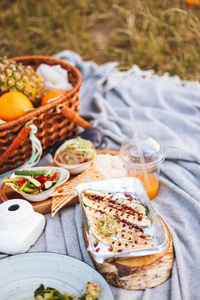 在公园野餐毯上, 用各种美味的食物和水果篮结束野餐