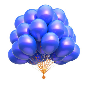 方气球装饰蓝彩。氦气球束光泽。生日, 假日, 周年纪念象征。3d 插图