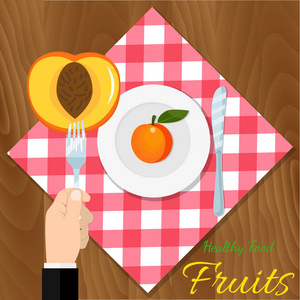 桃 刀 汤匙和叉子图标隔离板。矢量的素食有机健康食品烹调。有机天然现实水果