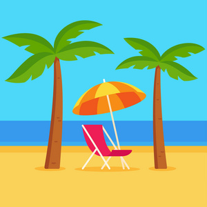 Tropicl 暑假矢量插画。海滩场面与伞和海滩椅子在棕榈树之中, 简单的卡通样式