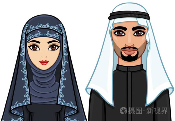 动画肖像的阿拉伯家庭在传统的衣服.在白色背景上隔离的矢量插图