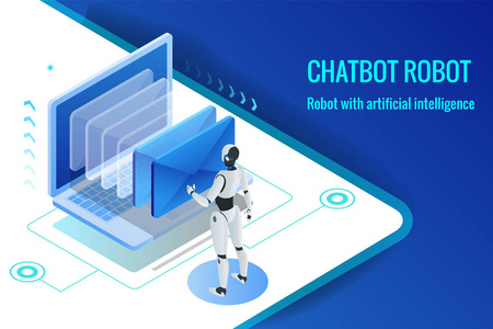 等距机器人人与人工智能在 chatbot 电子邮件的虚拟接口工作。留言在线聊天社会文本矢量插图