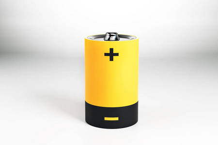 灰色背景的创意黄色电池。能源概念。3d 渲染
