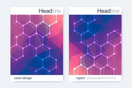 科学的宣传册设计模板。矢量海报布局 分子结构与连接的线和点。科学模式原子 Dna 与杂志 传单 封面 海报设计元素