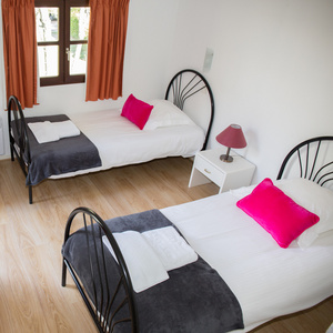 在明亮的房子舒适小屋的两张单人床两张单人床的房间里豪华卧室,两张