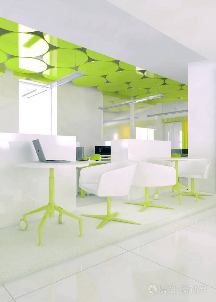 带有一行白色表格的彩色办公室内部透视图.3d 渲染