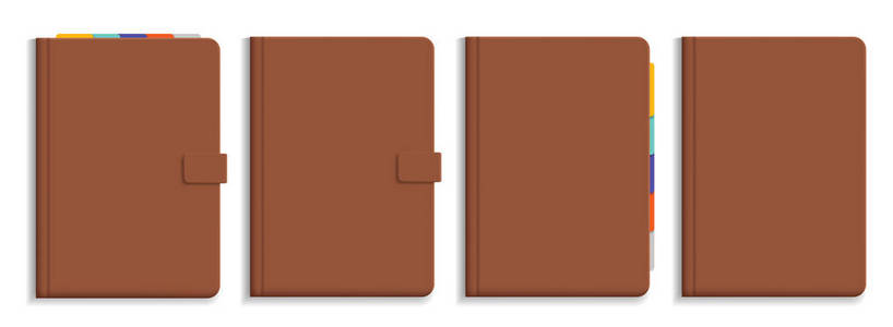 彩色书签的褐色皮革日记的矢量插图集, 在白色背景下被隔离