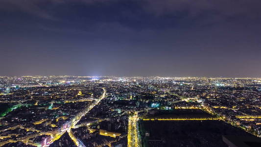 夜晚的城市天际线。巴黎, 法国。从旅游蒙帕纳斯全景 timelapse 交通4k