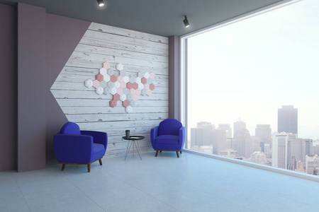 新的房间内有扶手椅, 桌子和城市景观与日光。3d 渲染