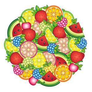 设计面料纺织 厨房设计 夏天的衣服。夏季热带水果和浆果的背景。西瓜 樱桃 覆盆子 蓝莓 草莓 橘子 柠檬和石灰