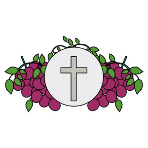 图标的神彩色背景与圣餐宗教图标的葡萄和基督教的十字架照片