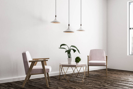 轻型起居室内有扶手椅, 小桌子配有植物和灯具。风格和设计理念。3d 渲染