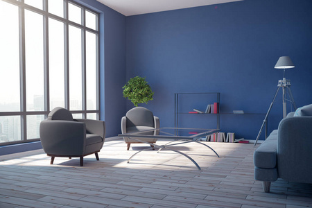 时尚的蓝色起居室内, 家具和城市景观与阳光。3d 渲染