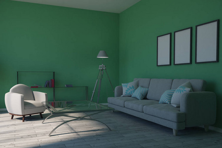 现代绿色起居室内有空横幅家具和阳光。模拟, 3d 渲染