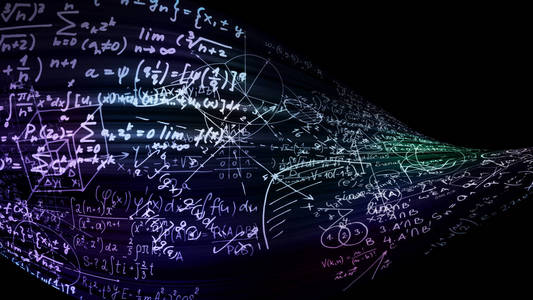 3d. 在虚拟空间中绘制抽象的数学公式。数学公式以磁带的形式弯曲