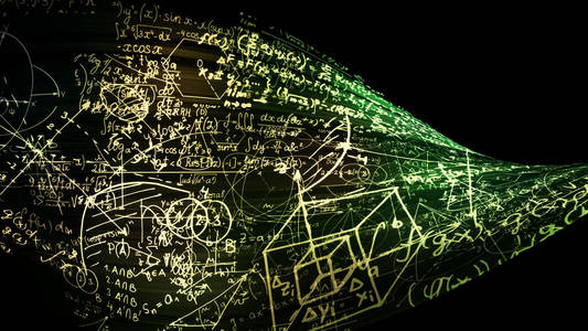 3d. 在虚拟空间中绘制抽象的数学公式。数学公式以磁带的形式弯曲