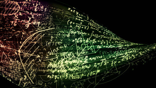 3d. 在虚拟空间中绘制抽象的数学公式。数学公式以磁带的形式弯曲