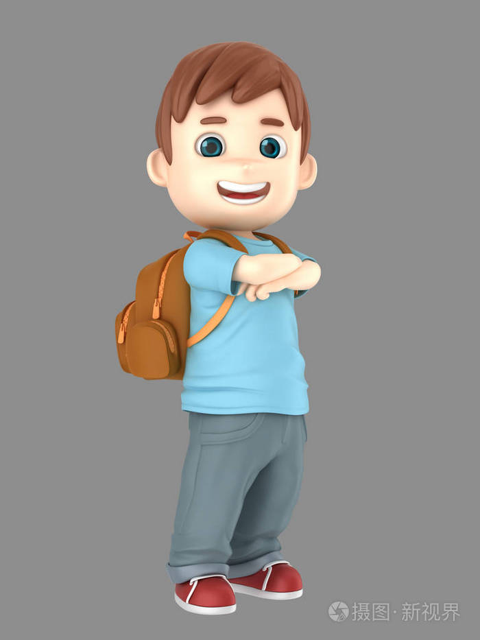 3d illustraion 可爱的小男孩自信和自豪的穿着袋