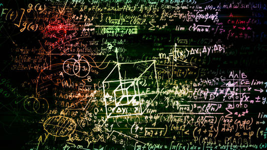 3d 渲染虚拟空间中的数学公式的抽象块。相机内的数学公式