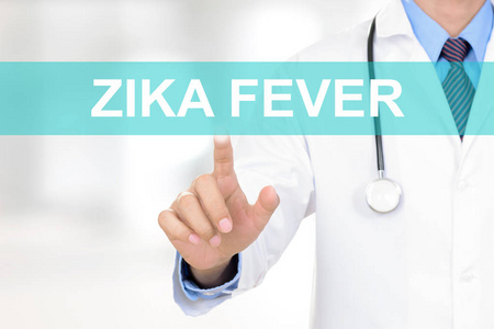 医生用手抚摸 Zika 发烧在虚拟屏幕上签名