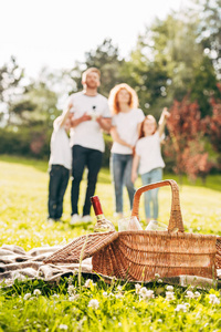 公园的野餐篮和家庭的特写视图