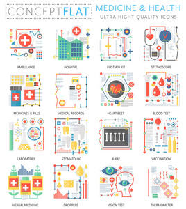 信息图表迷你概念医学和健康的网站图标。优质的色彩概念平面设计 web 图形图标元素。医学健康概念