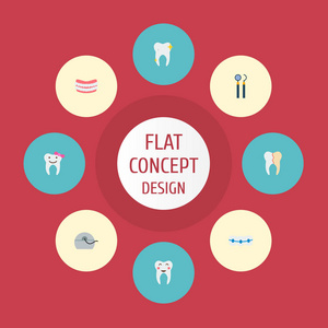 套搪瓷图标平面式符号与重建, 牙线, 镜子与探针和其他图标为您的 web 移动应用程序徽标设计