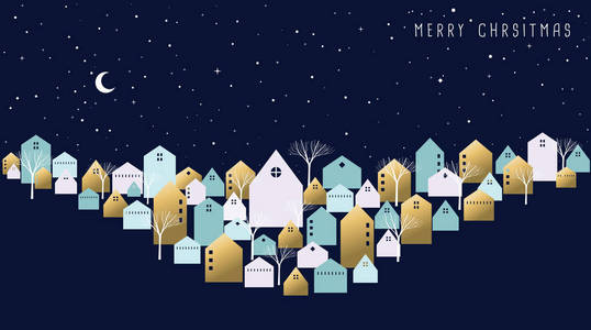 圣诞快乐贺卡。冬季城市在圣诞前夜与可爱的房子, 季节性树木和星空背景。Eps10 矢量