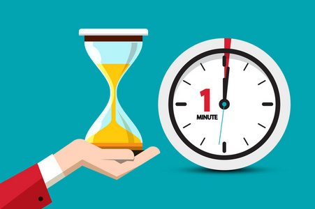 在蓝色背景上的沙漏时间符号.沙钟一分钟矢量平面设计图标照片