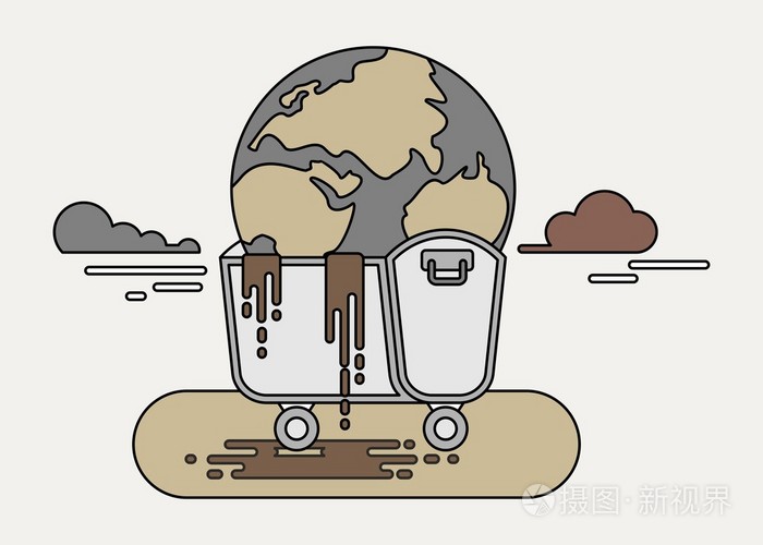 受到污染的地球,在垃圾可以颜色的线插画-正版商用图片0qzte5-摄图新
