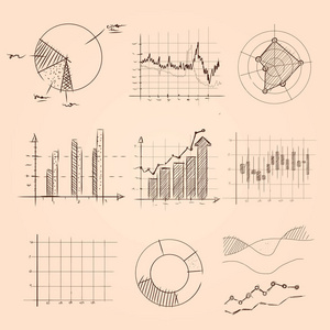图形和图表集合手绘草图的馅饼, 栏和其他类型的统计信息照片