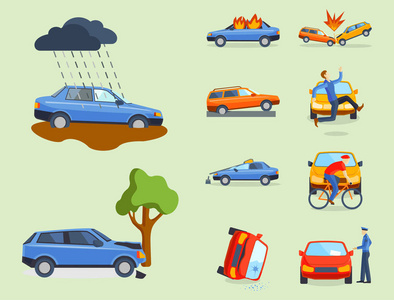 汽车碰撞碰撞交通保险安全汽车紧急灾难和紧急救灾速度修复运输矢量图