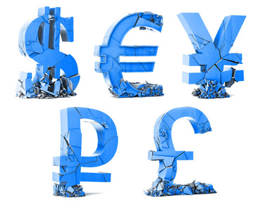 银行金融和破产的概念。世界货币贬值。白色背景上的货币符号。3d 插图
