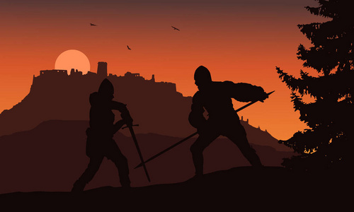 中世纪废墟在中世纪城堡的废墟下, 两名勇士在森林中战斗的矢量剪影