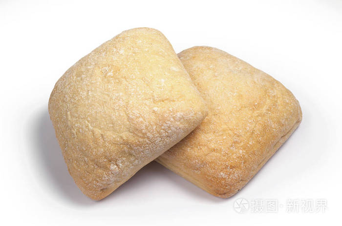 两个新鲜的 ciabatta 在白色的背景。意大利面包