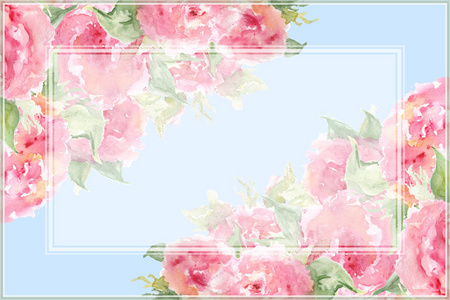 水彩粉红茶玫瑰牡丹花构图框架边框模板背景
