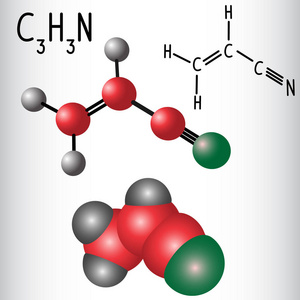 丙烯腈分子结构化学公式和模型.用于生产聚丙烯腈 (pan) 和 abs 塑料.
