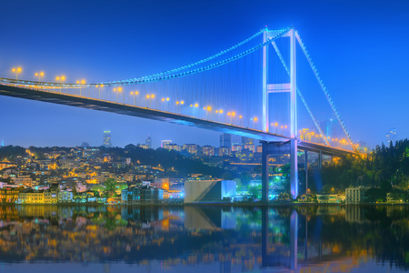 在晚上伊斯坦布尔博斯普鲁斯大桥的视图
