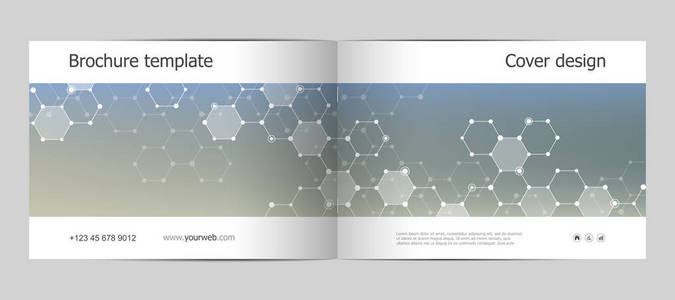 矩形的小册子模板布局，封面，杂志在 A4 大小的六角形分子结构的年度报告。几何抽象背景。矢量图