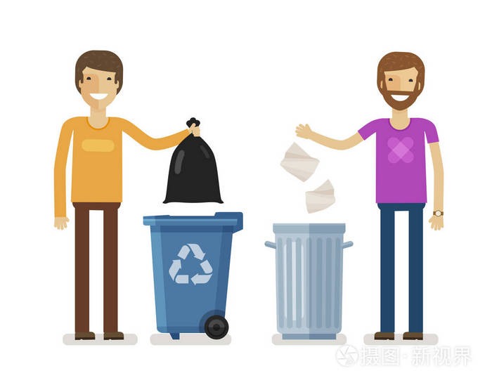 人类,人在垃圾桶里扔垃圾.志愿工作的人, 生态, 环境的概念.扁平人物