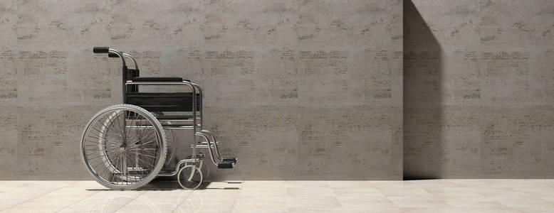 轮椅空, 隔离在混凝土墙背景, 横幅。3d 插图