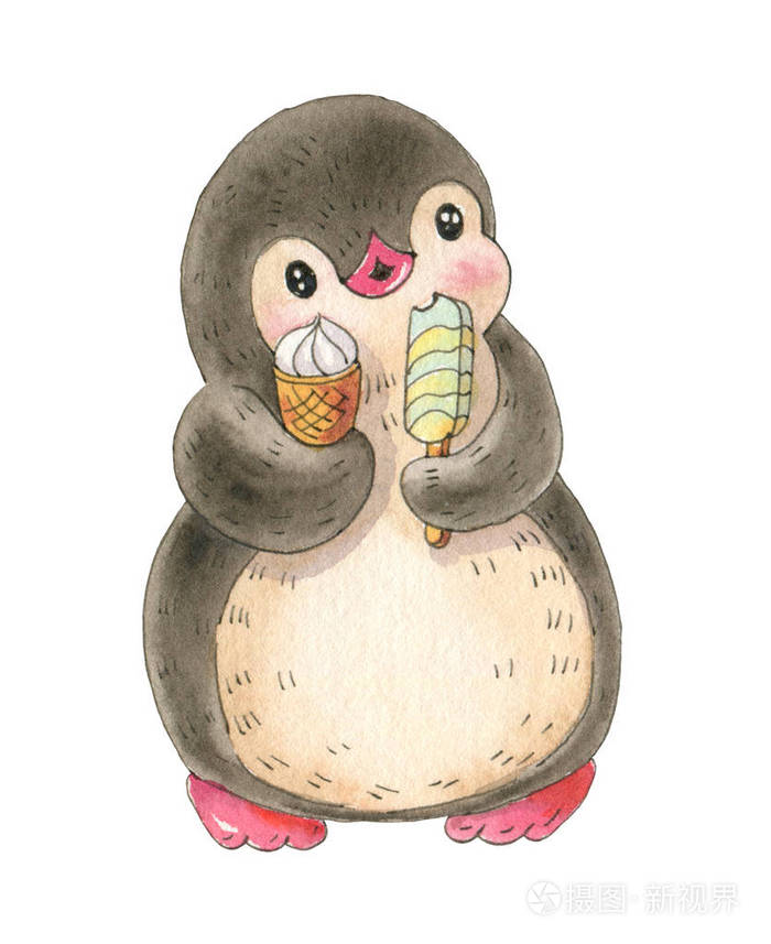 冬季插图与滑稽卡通企鹅与冰淇淋隔离在一个白色的背景.水彩和墨水画