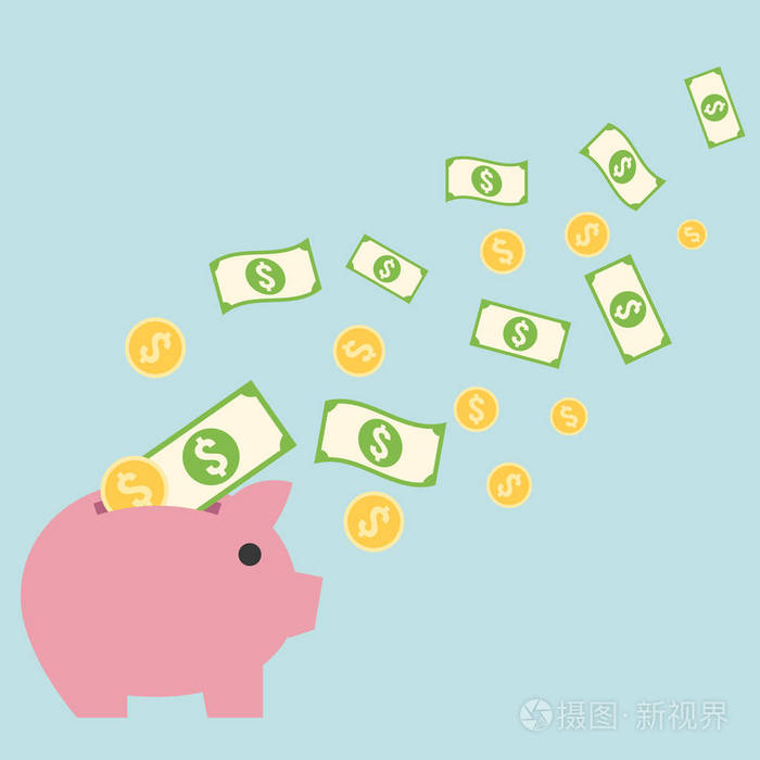 储蓄金钱观, 银行和硬币飞往储钱罐插画-正版商用图片0r068u-摄图新