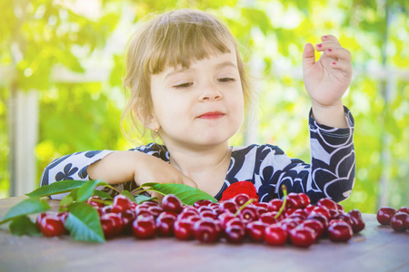 孩子在花园里摘樱桃。选择性的焦点