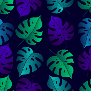 热带叶龟背竹无缝图案, 黑色背景。复古装饰奇特植物, 渐变色。矢量手绘涂鸦传单卡