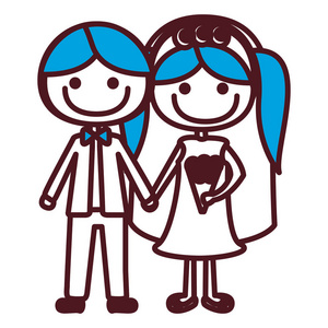 手绘与正式的西装剪影漫画新郎和新娘着蓝色的辫子