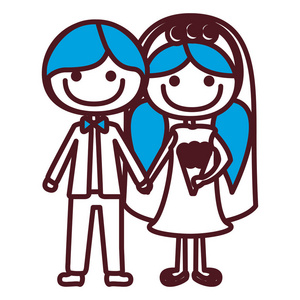 手绘与正式的西装剪影漫画新郎和新娘的蓝色辫子发型