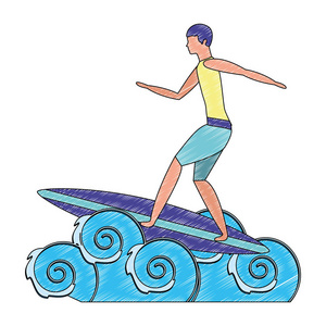 人在冲浪板与波浪海的化身字符图片