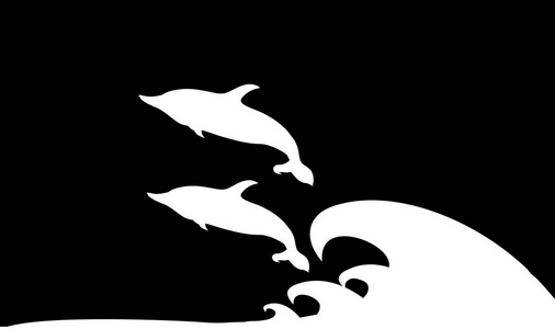 矢量白色剪影图海豚夫妇玩和跳跃的海浪图标在黑色背景上隔离