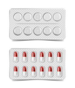 药品包装 止痛药抗生素维他命和阿司匹林片。一套白色水泡现实的图标与药丸和胶囊。背景上隔离包的矢量插图